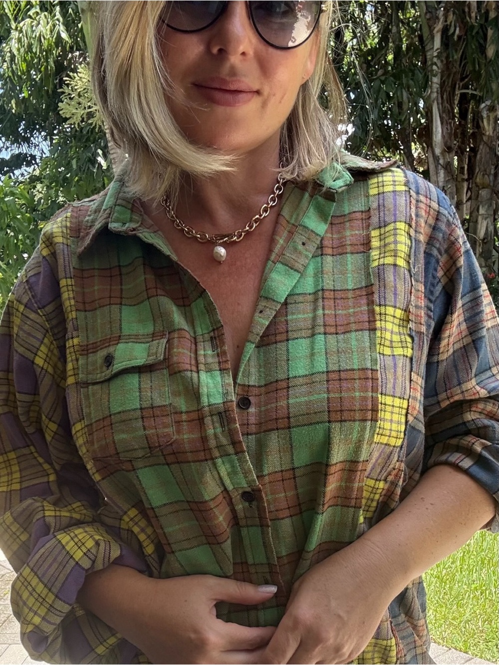 Women’s Oversized Patchwork Plaid Shirt XL | Raw Edge Seam Detail | Boho - Picture 1 of 7